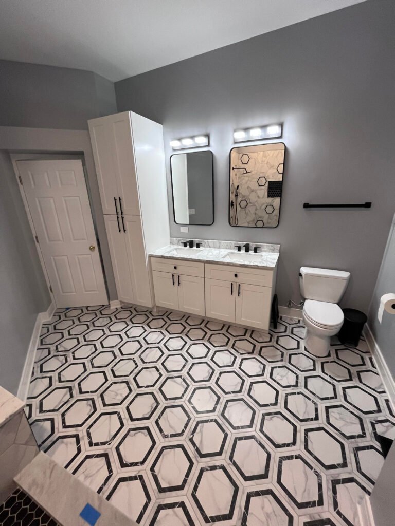 shower with cabinets